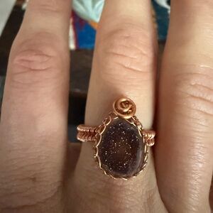 Brown druzy stone with Elegant Copper Wire Wrapped Ring